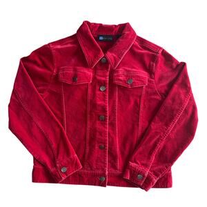 Relativity Red Velour Trucker Jacket PM Petite Medium Soft Cotton Blend